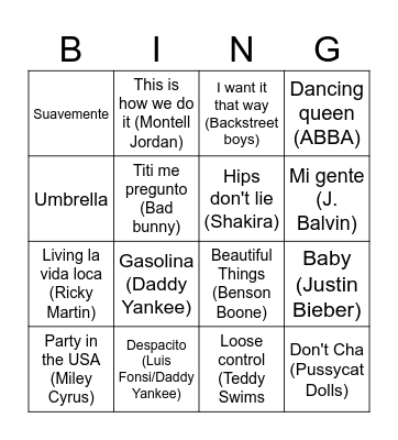 Musical Bingo Card