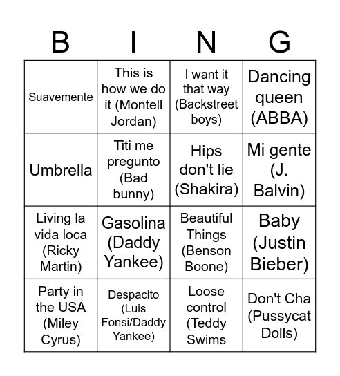 Musical Bingo Card