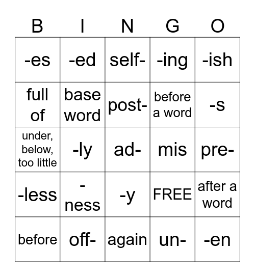 PREFIX AND SUFFIX BINGO Card