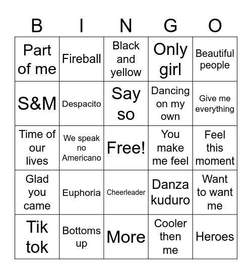 2010’s pop hits Bingo Card