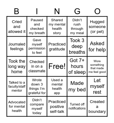 Mental Health Bingo Card