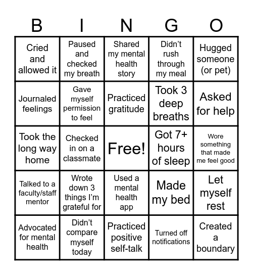 Mental Health Bingo Card