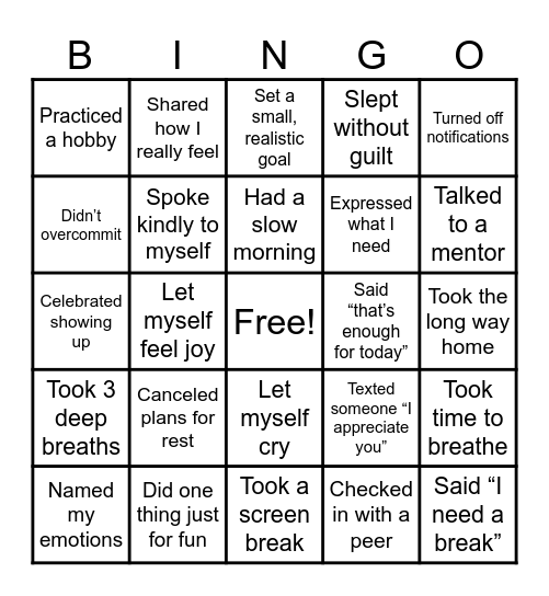 MENTAL HEALTH BINGO Card