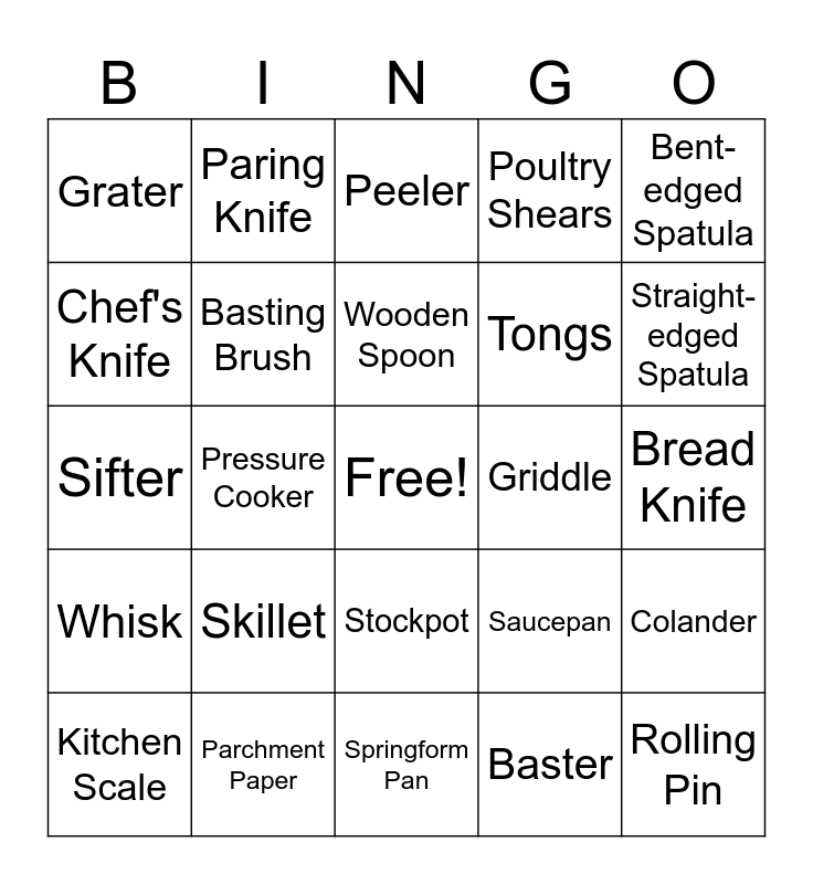 Kitchen Bingo Card