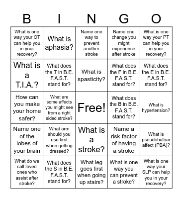 Stroke Education BINGO Card