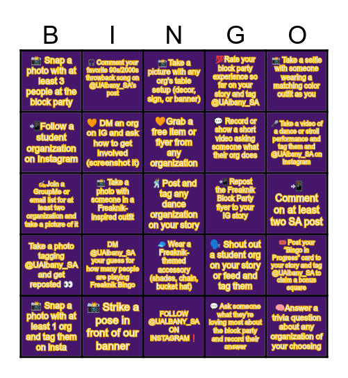 UALBANY'S BLOCK PARTY (FREAK NIK) Bingo Card