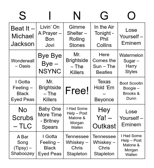 Singo! Bingo Card
