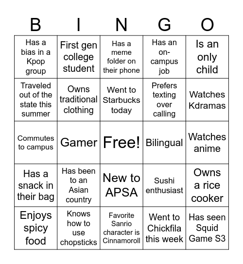 APSA Bingo Card