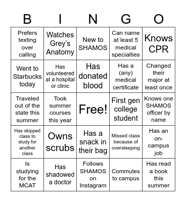 SHAMOS Bingo Card