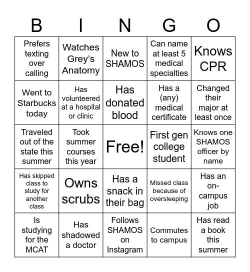 SHAMOS Bingo Card