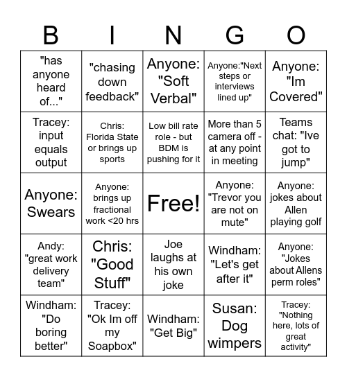 Daily Stand Up Bingo Card