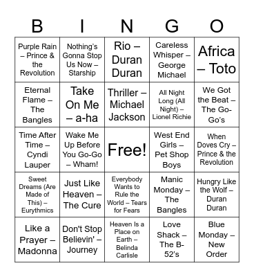 80's POP! Bingo Card