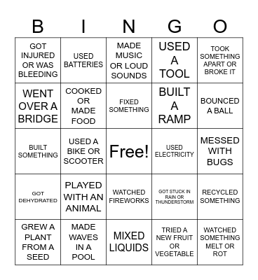 SUMMER SCIENCE ACTIVITIES Bingo Card