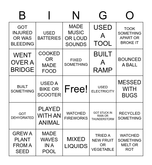 SUMMER SCIENCE ACTIVITIES Bingo Card