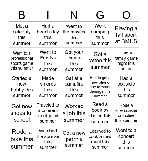 Back to School Bingo Card