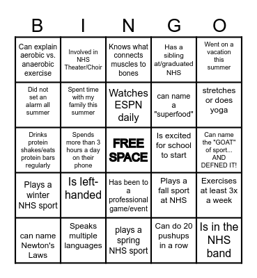 Sport Science!! Bingo Card