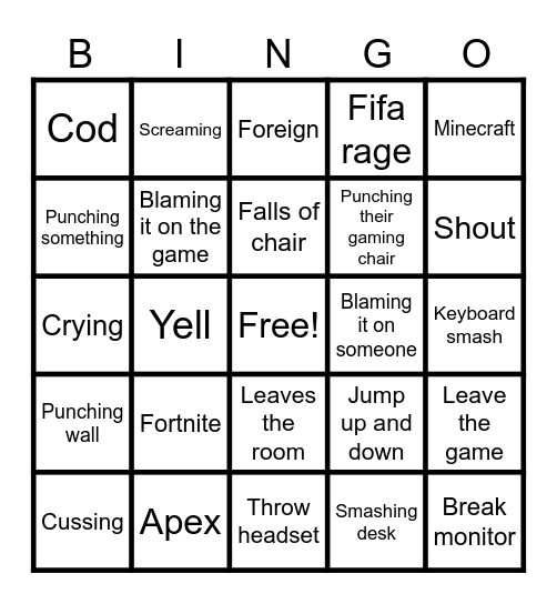 Gamer rage Bingo Card