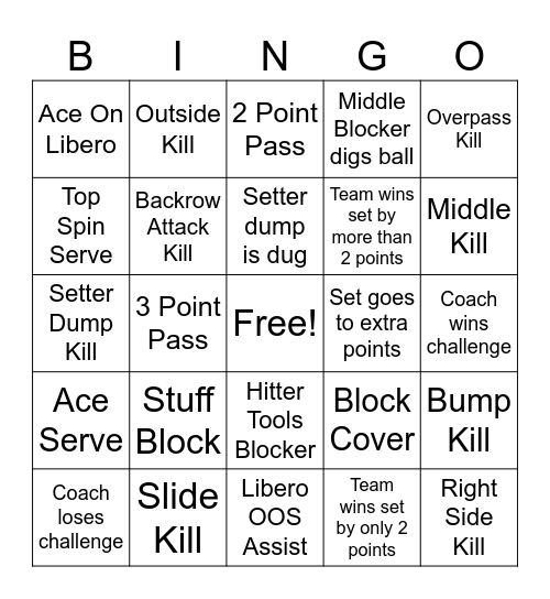 Volleyball Bingo Card