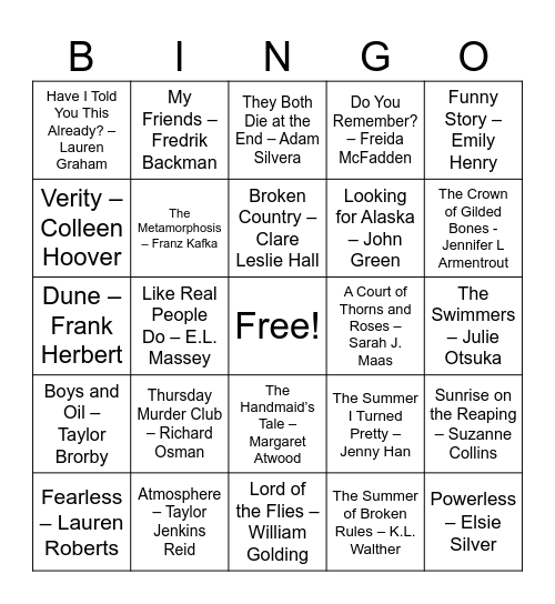 Book Title Bingo Card