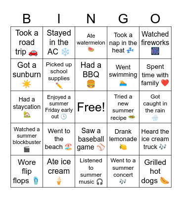 End of Summer Bingo Card