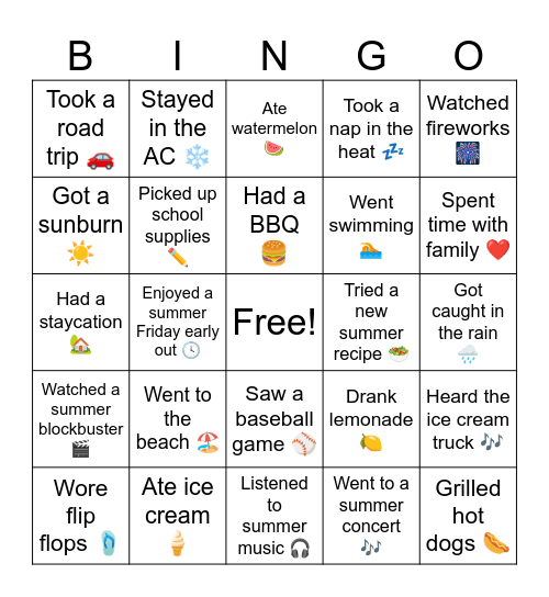End of Summer Bingo Card