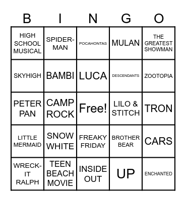DISNEY MOVIE Bingo Card