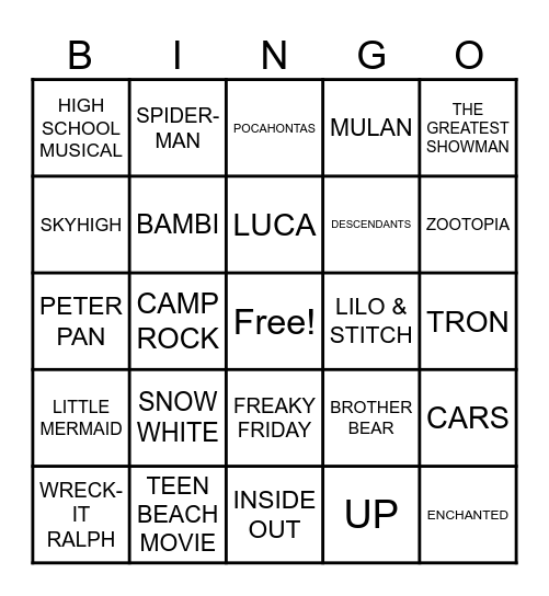 DISNEY MOVIE Bingo Card