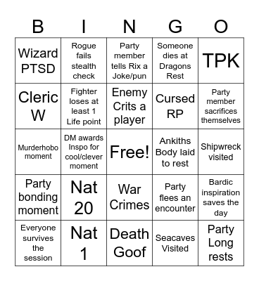 Dragons of Stormwreck Isle: Session 2 Bingo Card