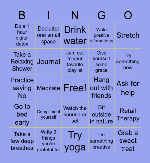 Self Care Bingo Card