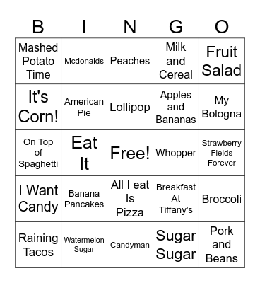 Songs About Food Bingo Card