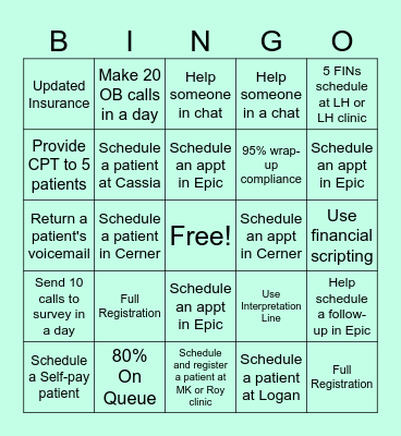 Nutrition Bingo Card