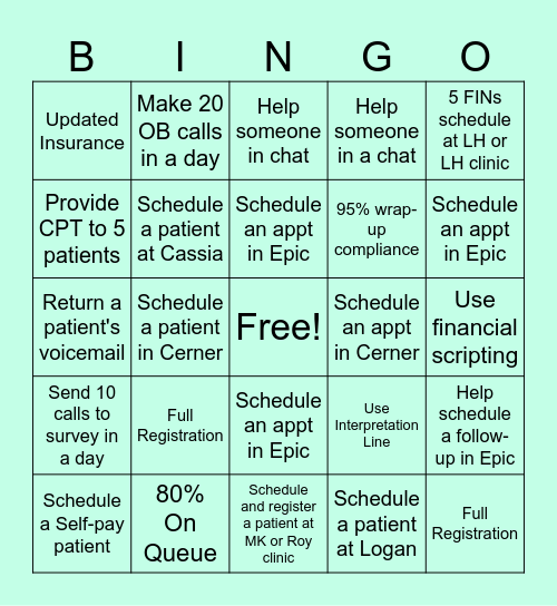 Nutrition Bingo Card