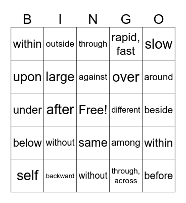 Prefixes Bingo Card