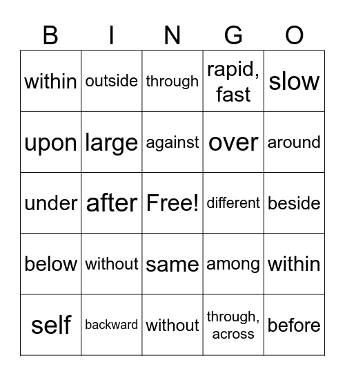 Prefixes Bingo Card