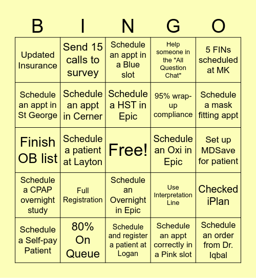 Sleep Bingo Card