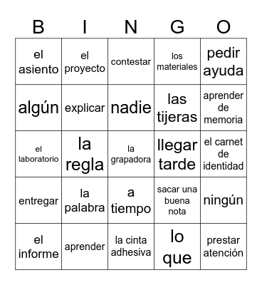 1A Vocab Bingo Card