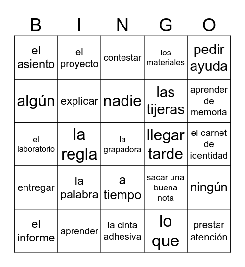 1A Vocab Bingo Card