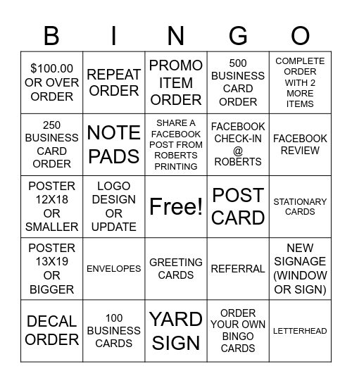 ROBERTS PRINTING Bingo Card