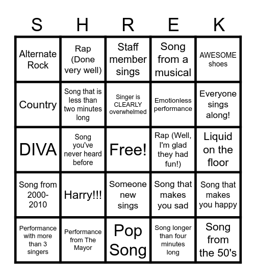 Swamp Karaoke Dance Party Bingo Card