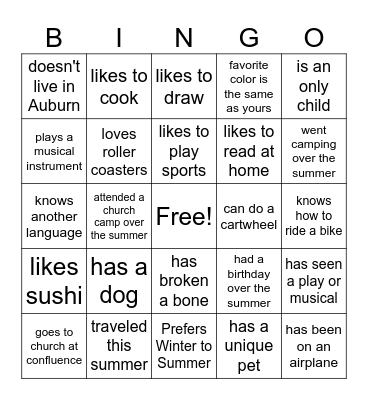 Welcome Back Bingo Card