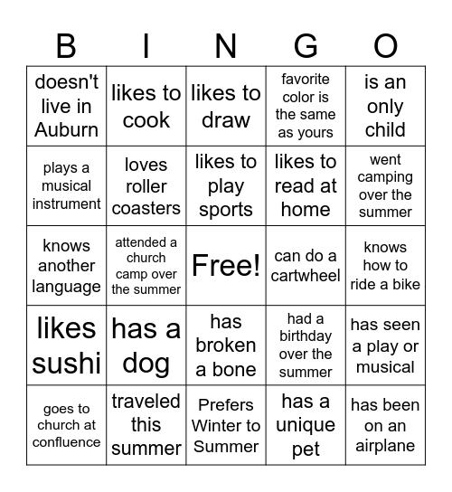 Welcome Back Bingo Card