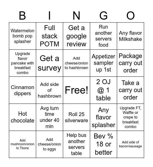 IHOP Service Bingo Card