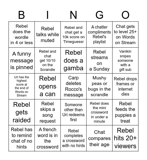 Rebelapplicance Bingo Card
