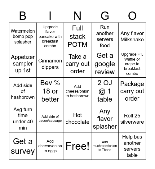 IHOP Service Bingo Card