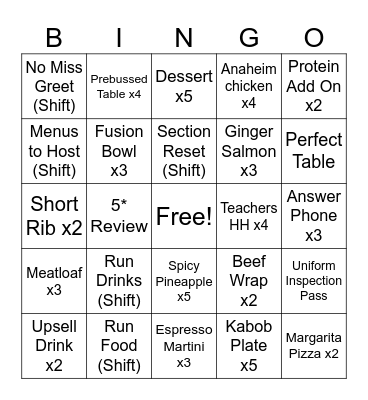 Bingo Competition Bingo Card