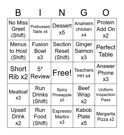 Bingo Competition Bingo Card