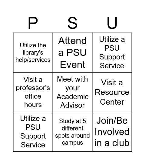 PSU Resources Bingo Card