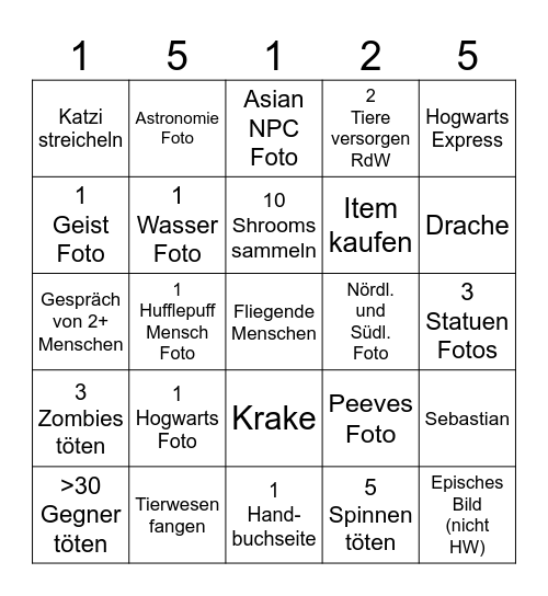 Hogwarts Legacy Hardcore Bingo Card