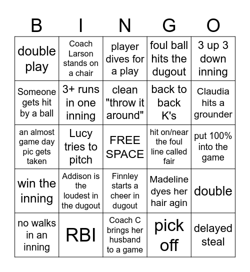 JV KIRKWOOD SOFTBALL BINGO Card