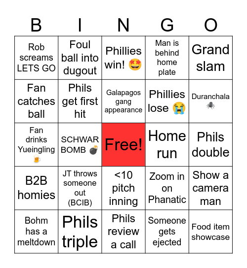 Phillies game Bingo Card